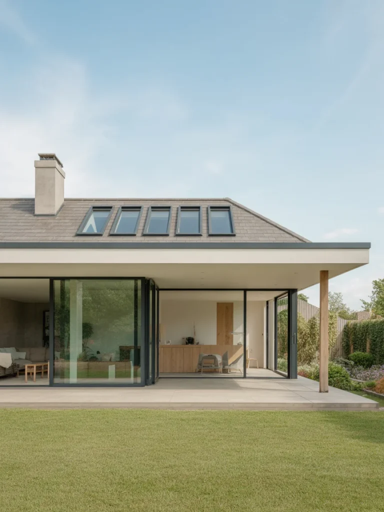 Contemporary flat roof house extension with large glass doors and garden view