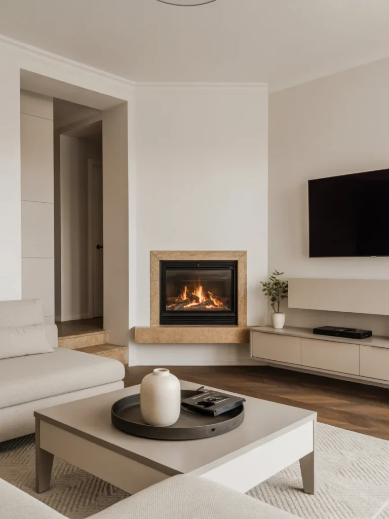 Corner fireplace and TV wall solution with modern floating media console in a neutral living room