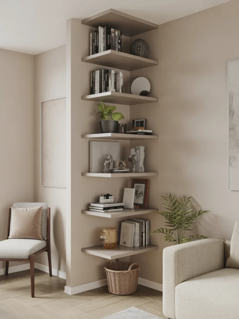 Corner floating shelves styled with books and decor in a neutral living room