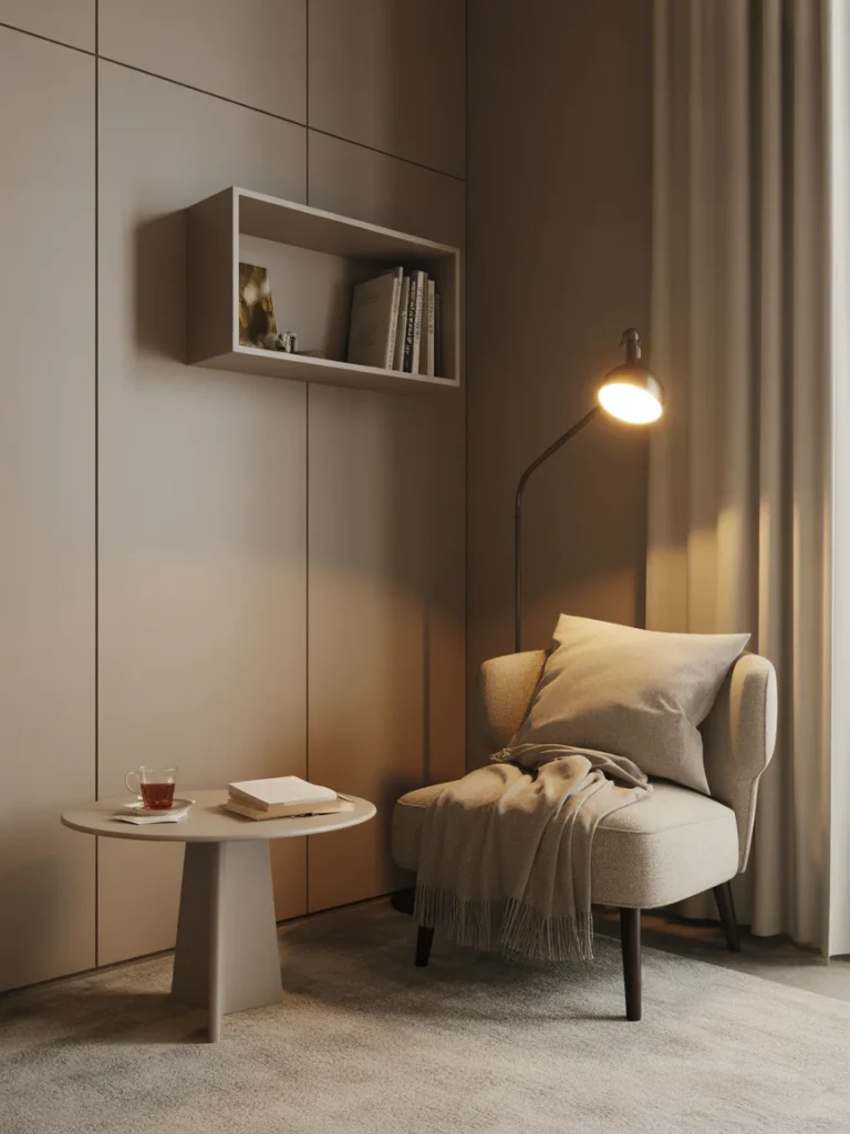 Cozy corner reading nook with armchair, floor lamp, and small table