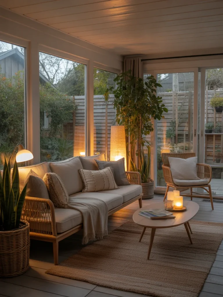 Cozy garden room lounge with wicker furniture, warm lighting, and large windows