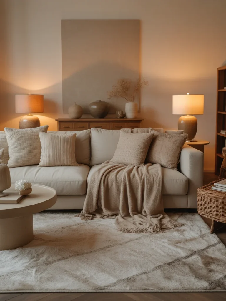 Cozy living room with layered textiles, warm lighting, and neutral decor
