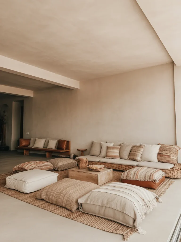 Cozy boho living room with low seating floor cushions and neutral decor