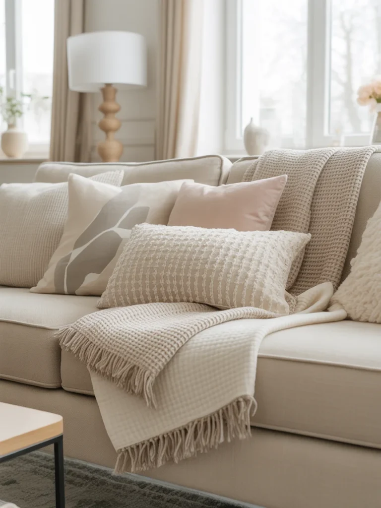 Cozy spring throw pillows and blankets on a neutral sofa in a bright living room