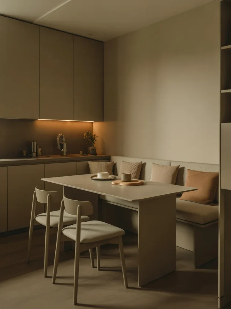 Cozy breakfast nook with upholstered bench seating and modern dining table