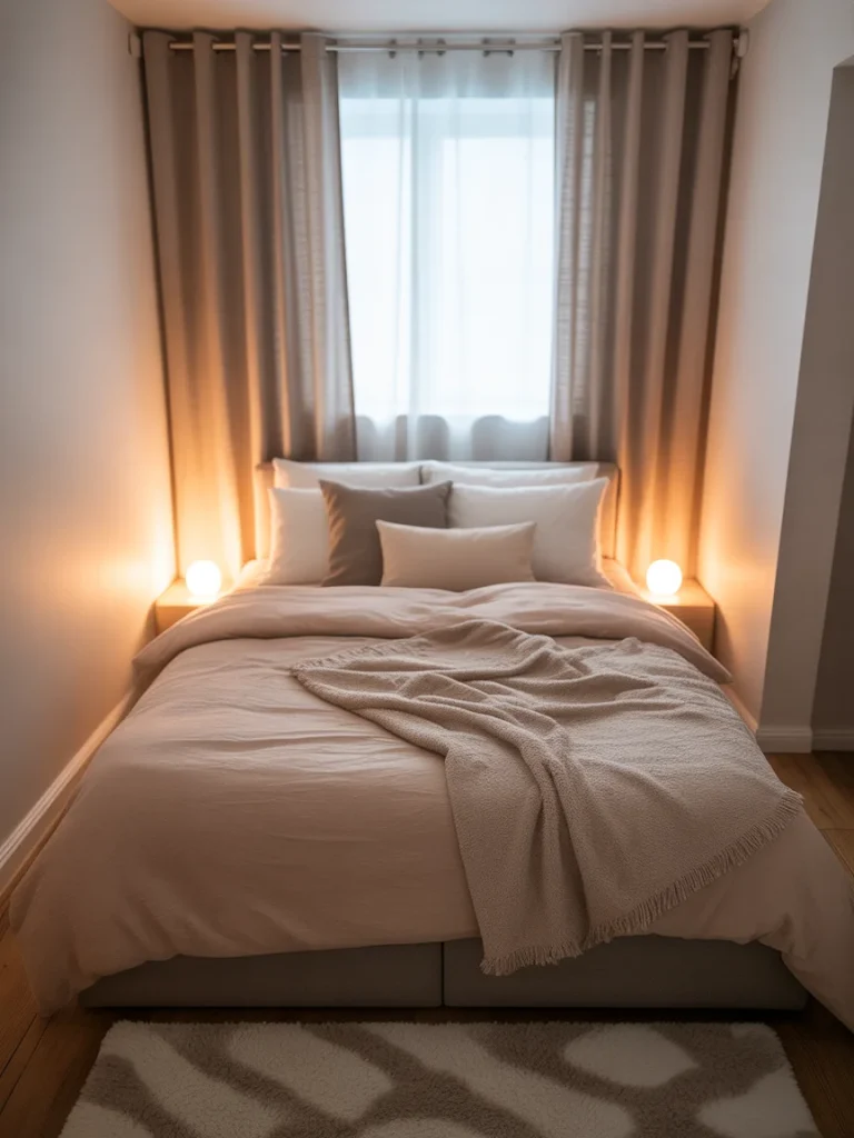 Cozy tiny bedroom with soft lighting and neutral bedding