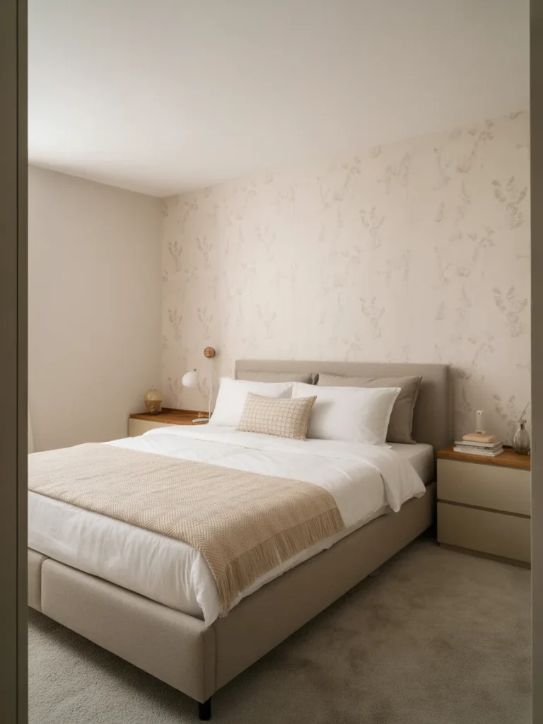 Tiny bedroom with subtle feature wall and neutral decor