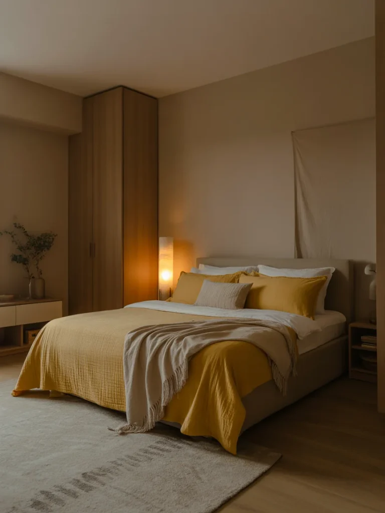 Cozy bedroom with warm lighting and yellow bedding accents