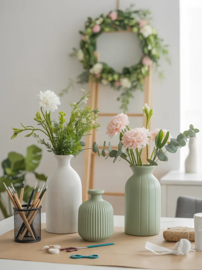 DIY spring decor with painted vases and fresh flowers on a craft table with tools and supplies