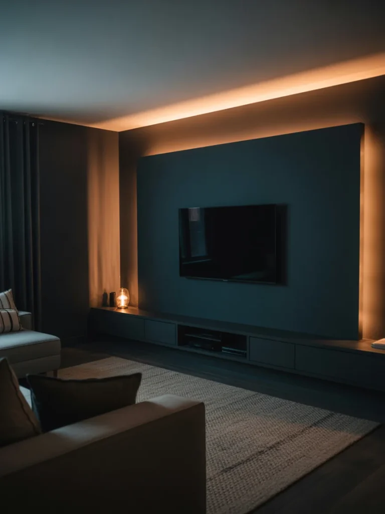 Dark and moody TV wall design with warm LED backlighting