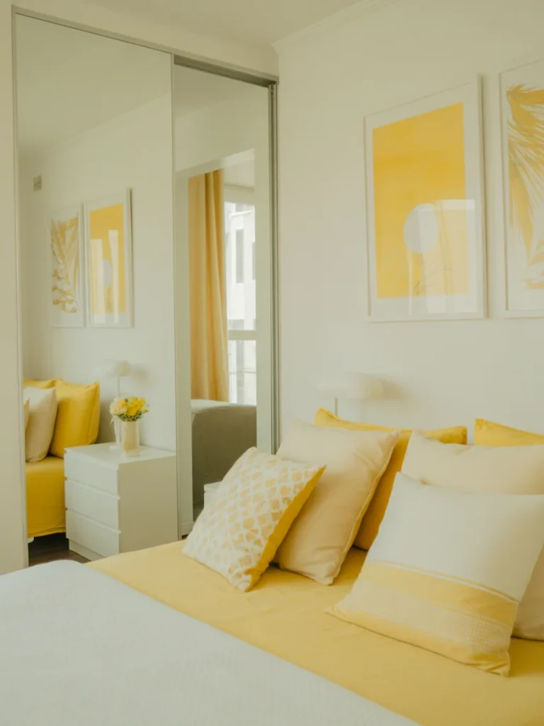Small bedroom with yellow bedding, mirrored closet, and bright wall art