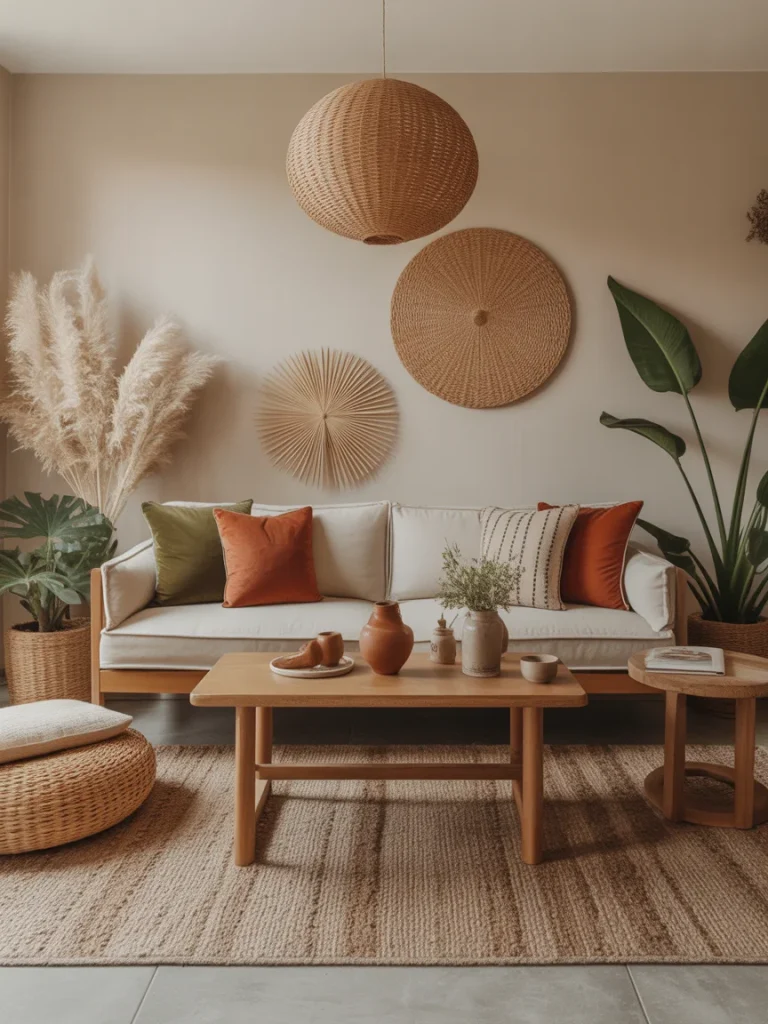 Modern boho living room with earthy accent colors and warm neutral decor