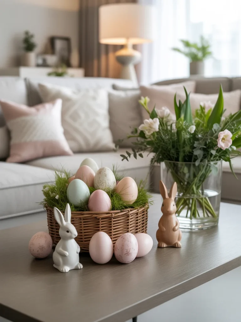 Easter-inspired spring decor with pastel eggs, bunny figurines, and fresh flowers on a coffee table