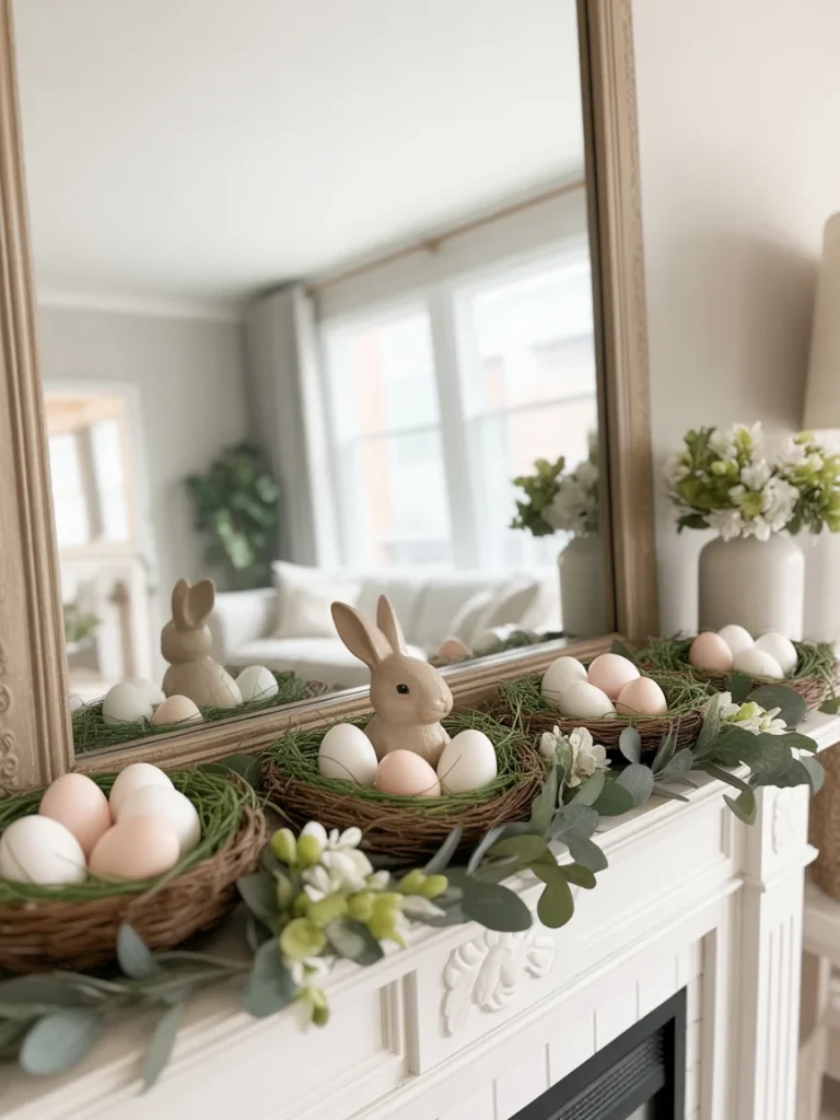 Easter mantel decor with bunny figurines, pastel eggs, and greenery