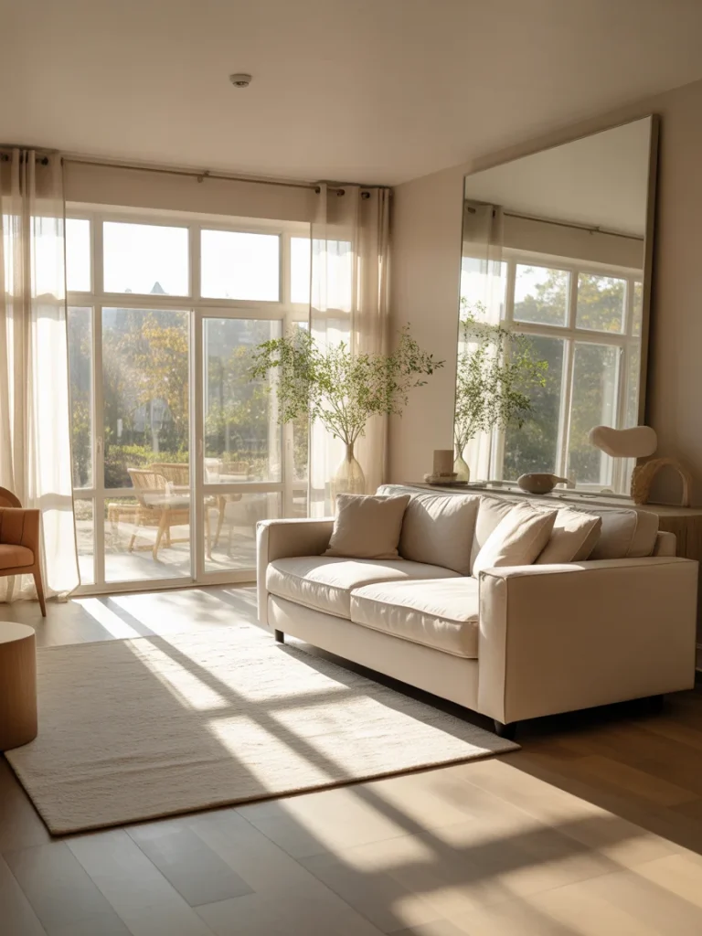 Bright living room with large windows and soft neutral decor