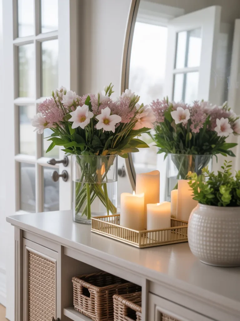 Entryway spring decor with fresh flowers, candles, and mirror on a console table