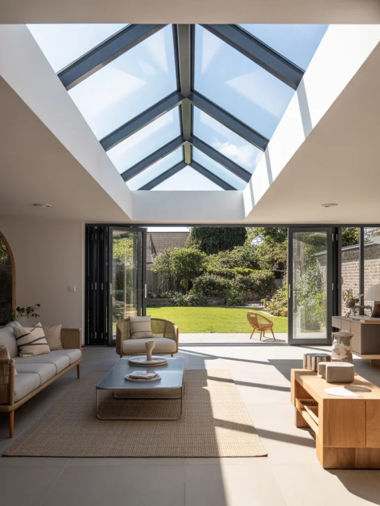 Modern home extension with large skylight ceiling and open doors to garden
