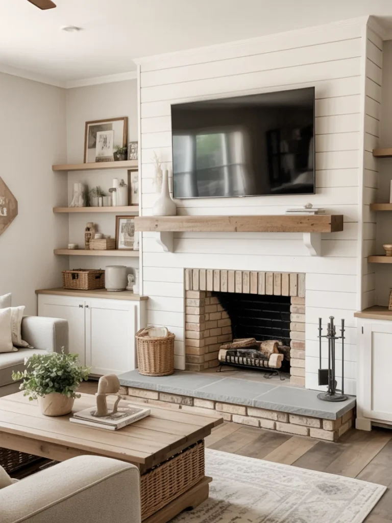 Farmhouse-style fireplace wall with mounted TV, white shiplap surround, rustic wood mantel, and built-in shelves