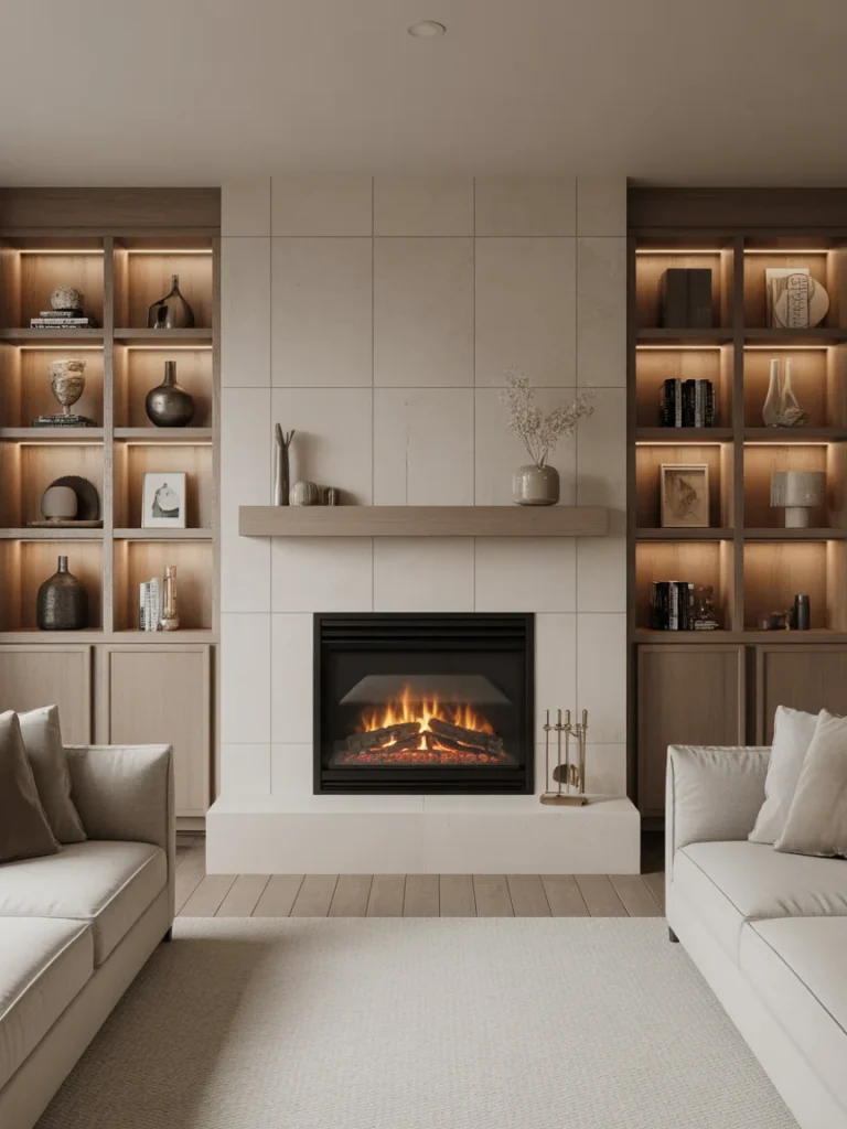 Modern fireplace feature wall with built-in shelves and warm lighting