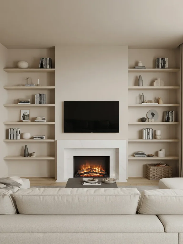 Fireplace wall with TV and floating shelves, featuring a neutral modern living room design