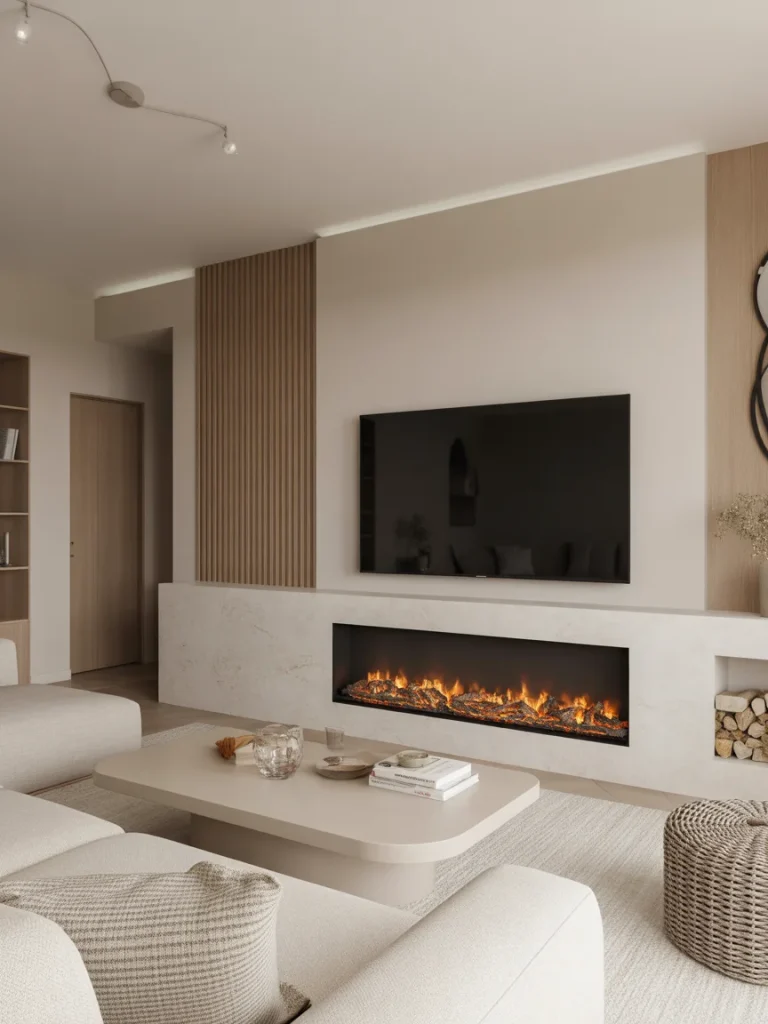 Modern fireplace and TV wall with built-in linear fireplace, wall-mounted TV, and warm wood slat accents in a neutral living room