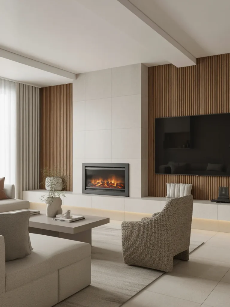 Modern fireplace and TV wall with vertical wood slat panels, built-in electric fireplace, and neutral living room furniture
