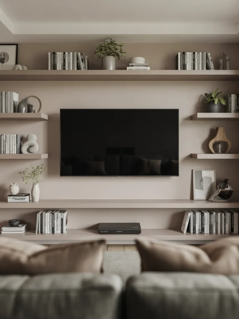 Floating shelves arranged around a wall-mounted TV with books and decorative accents