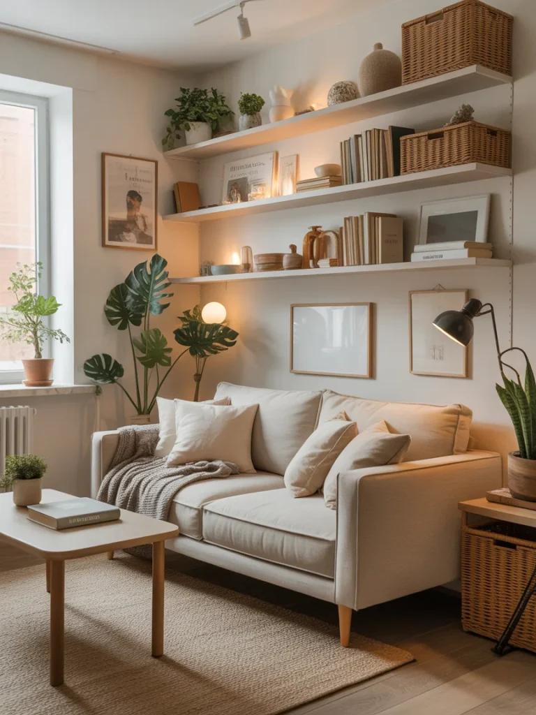 Floating shelves in a small apartment living room with books, baskets, plants, and decor above a cozy sofa