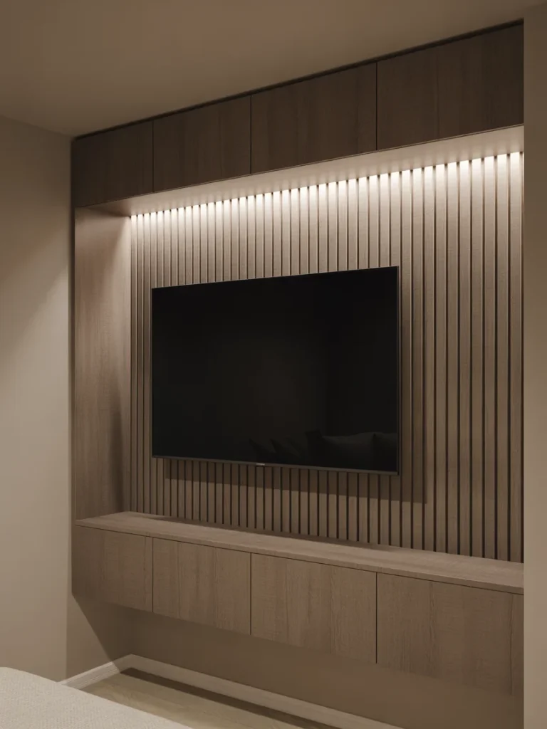 Floating TV panel design with vertical wood slats and integrated LED lighting
