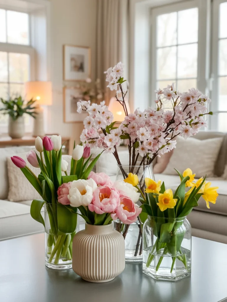 Fresh spring floral arrangements with tulips, cherry blossoms, and daffodils in glass vases