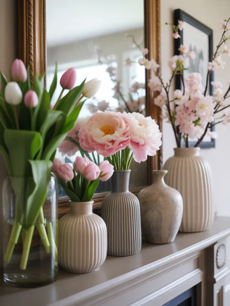 Fresh spring flowers in decorative vases styled on mantel with mirror backdrop