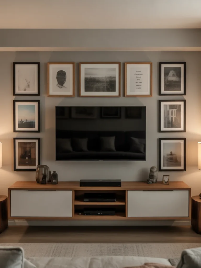 Gallery wall around a wall-mounted TV with framed artwork and wooden media console