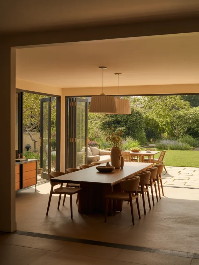 Garden dining room with large wooden table and open glass doors to backyard