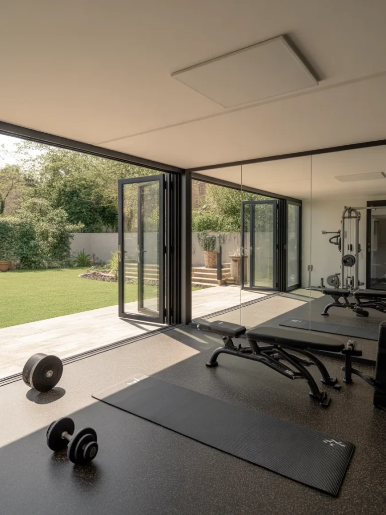 Garden gym extension with folding glass doors and workout equipment