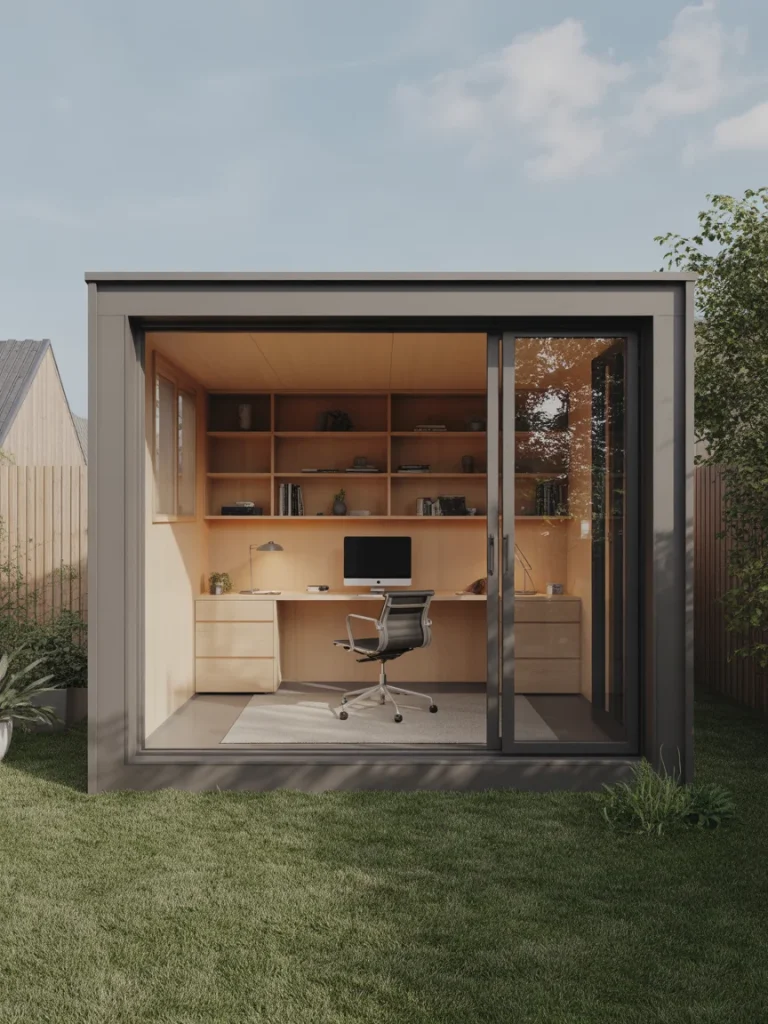 Modern garden office with desk, computer, and built-in shelving for remote work