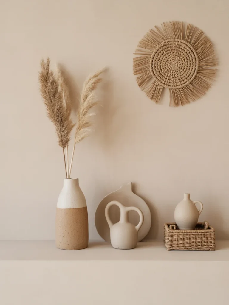 Handmade boho decor with ceramic vases and woven wall art on a neutral shelf