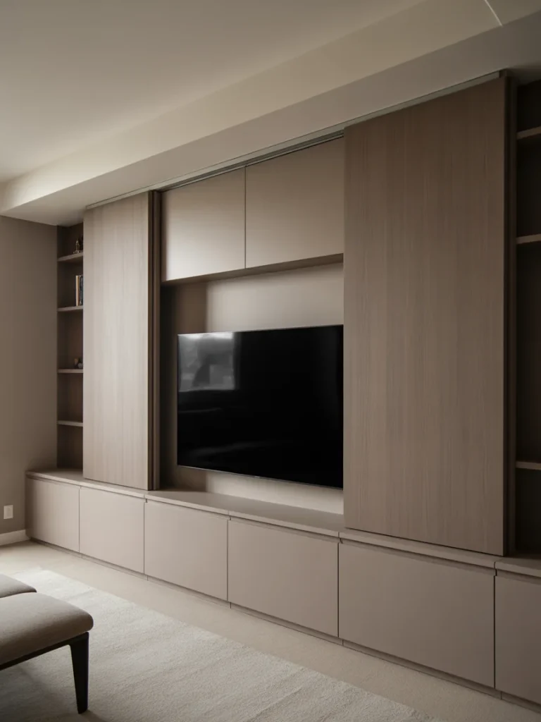 Hidden panel media wall with sliding wood doors concealing TV
