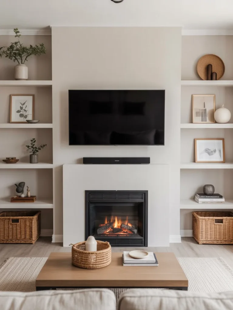 Minimal fireplace and TV wall with built-in shelves, neutral decor, and clutter-free styling