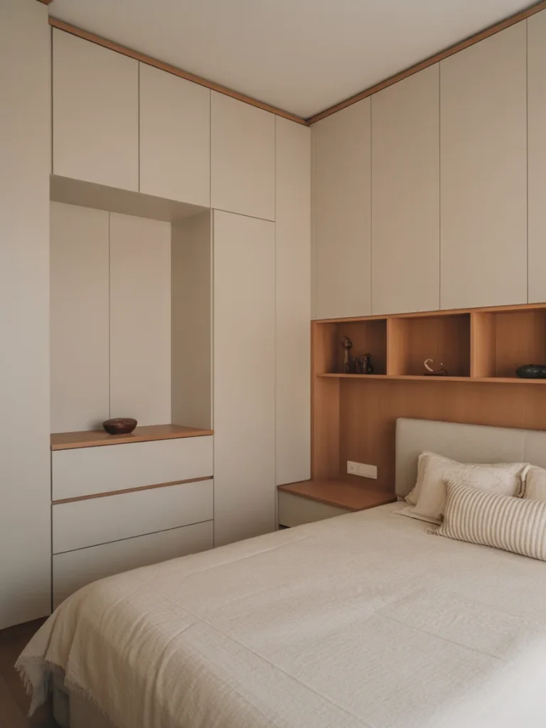 Tiny bedroom with built-in wall storage and integrated headboard shelving