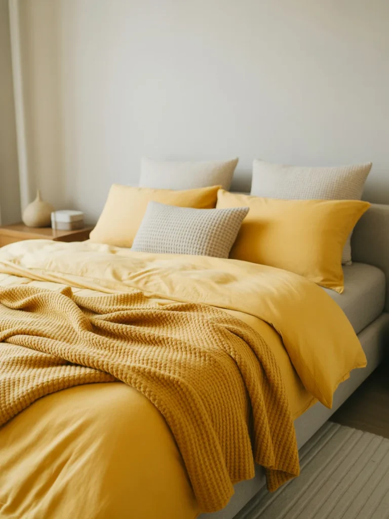Bed styled with yellow bedding and textured throw in a neutral bedroom