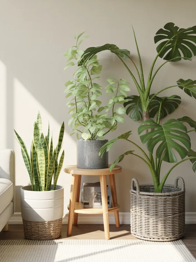 Indoor plants in decorative pots and baskets in a bright living room corner