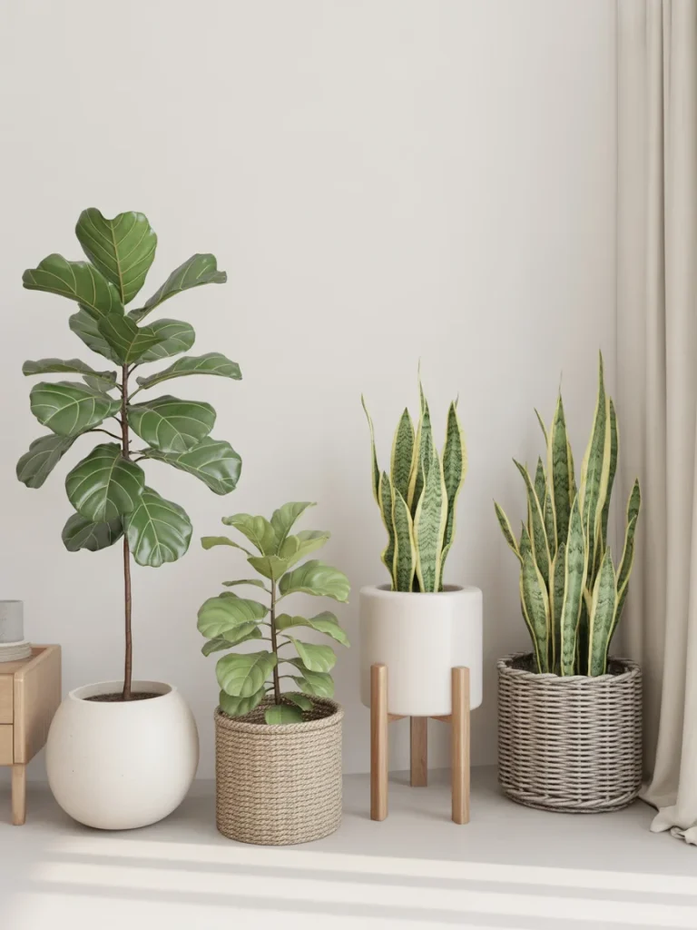 Indoor houseplants in neutral pots adding fresh energy to a calm boho room