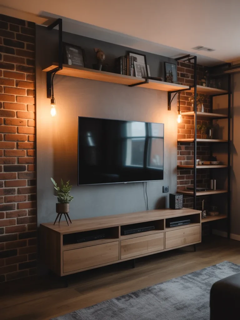 Industrial-style basement TV wall with brick accent and metal shelving