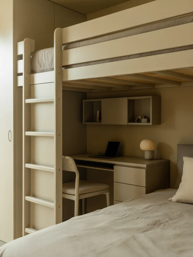 Tiny bedroom with loft bed and workspace underneath