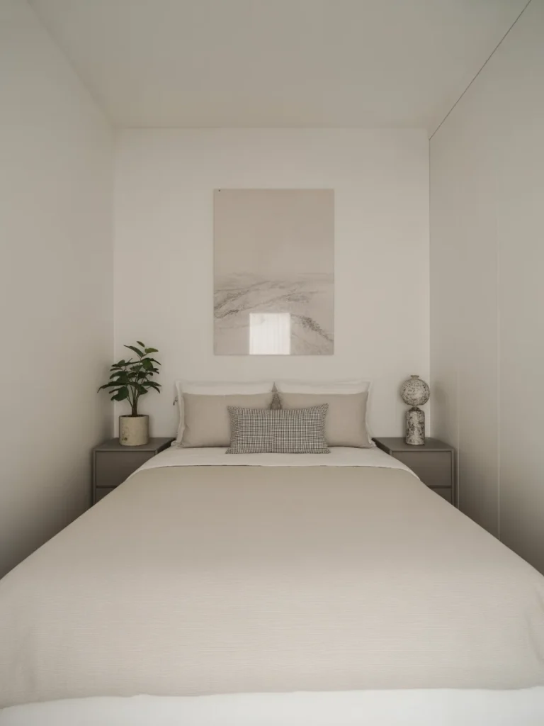 Minimal tiny bedroom with simple neutral decor and uncluttered styling