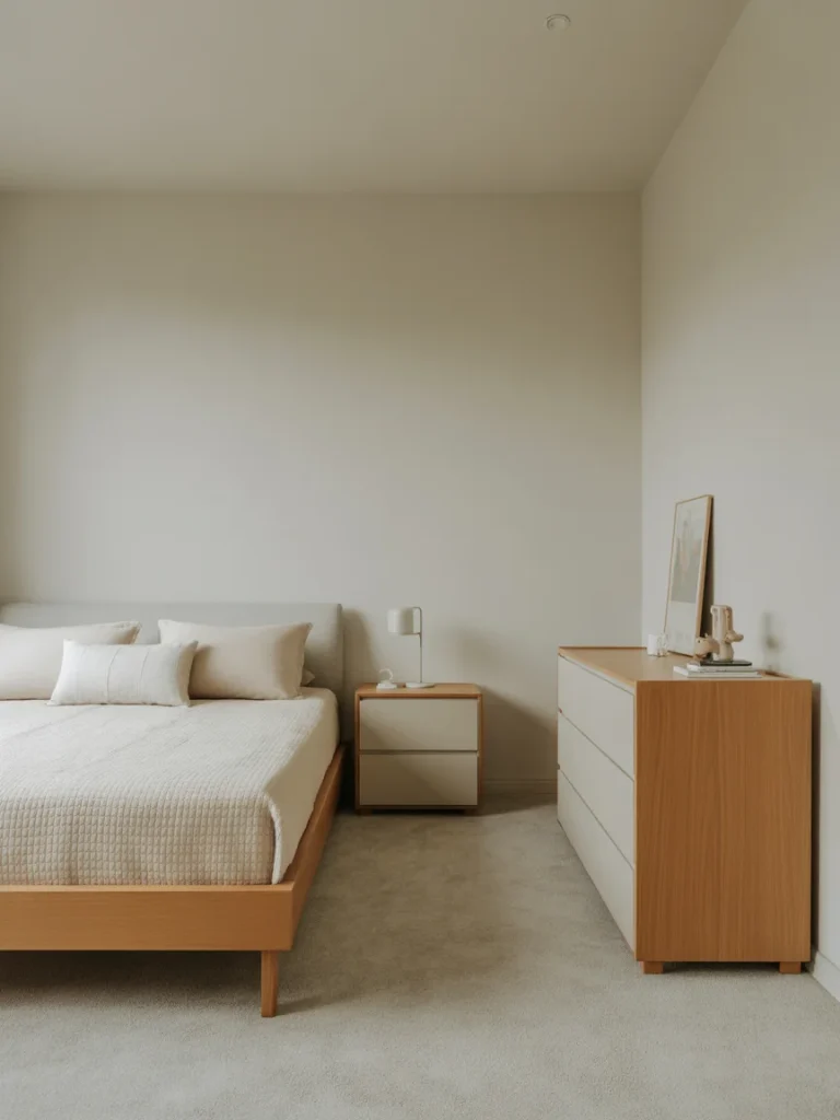 Tiny bedroom with minimal furniture and simple neutral decor