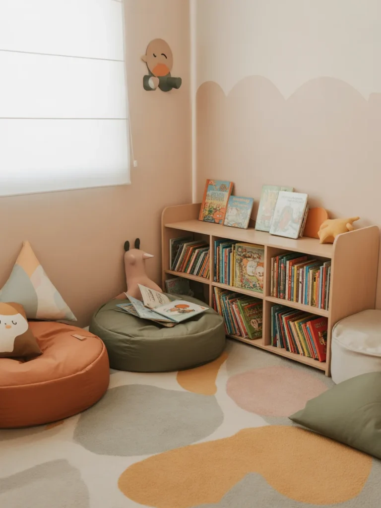Kids’ reading nook with colorful bean bags and children’s bookshelf