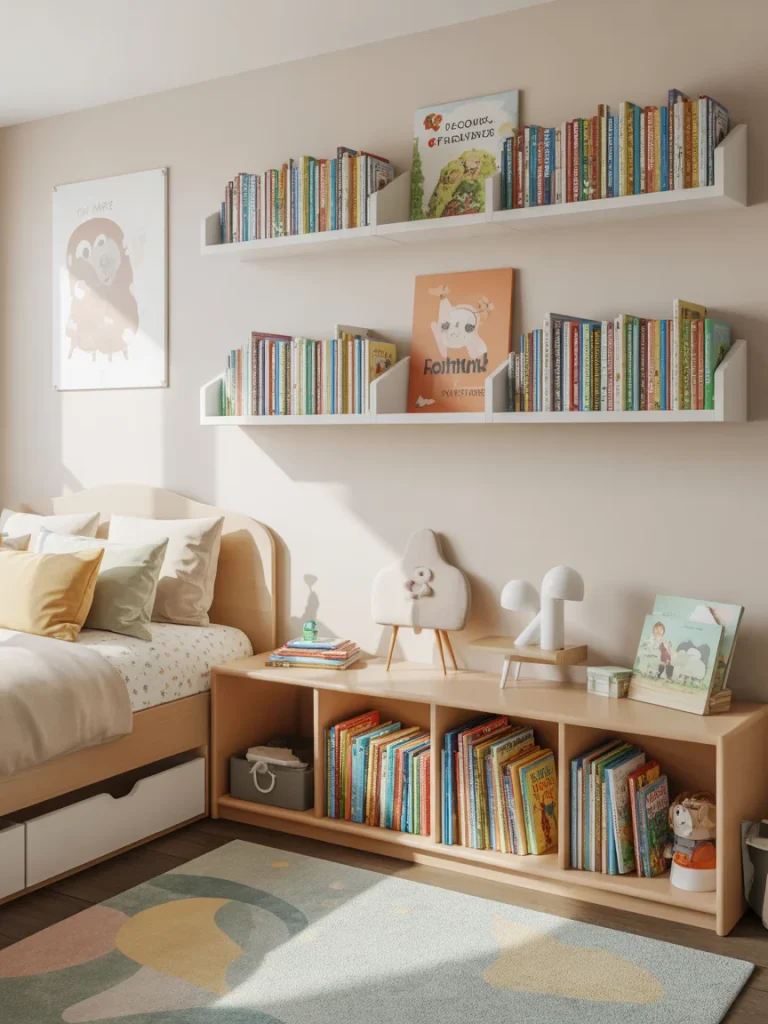 Kids’ room with floating bookshelves displaying colorful children’s books above a bed