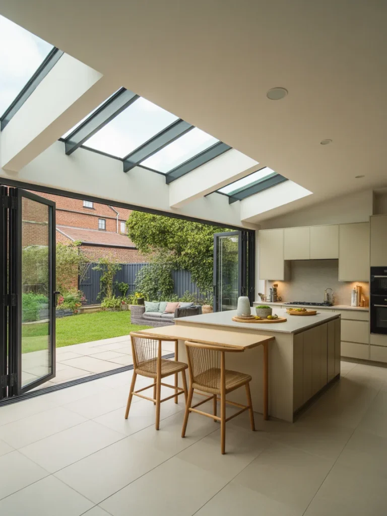 Modern kitchen extension with skylights and folding glass doors opening to garden