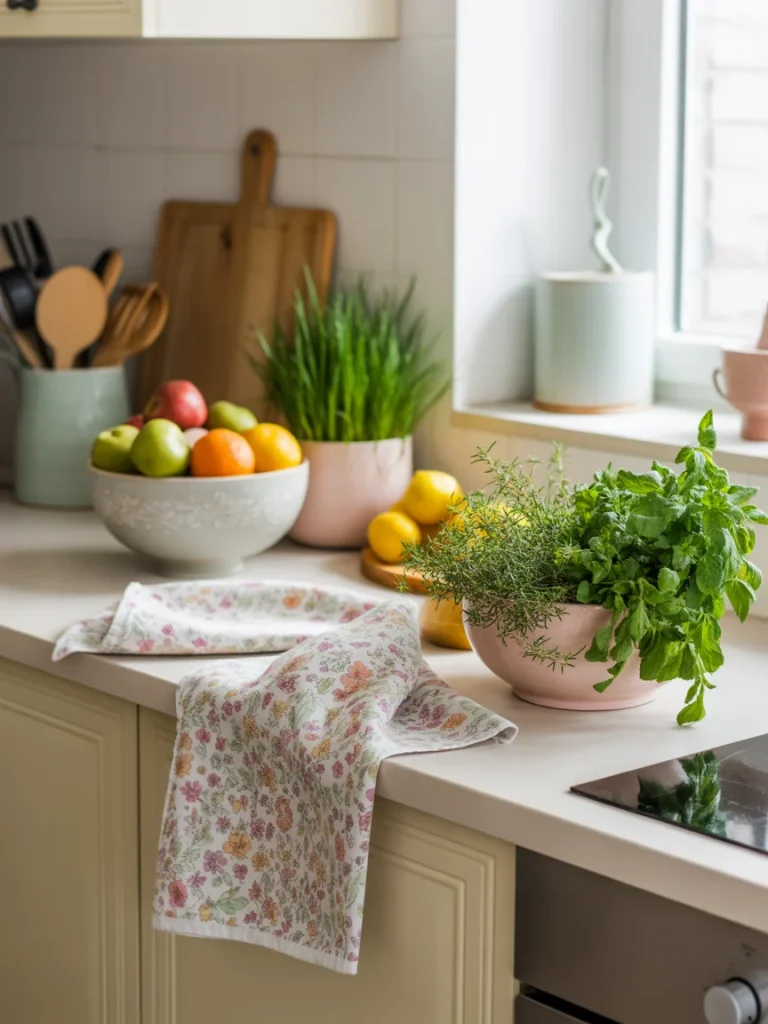 Spring kitchen decor with fresh herbs, fruit bowl, and floral towel on countertop